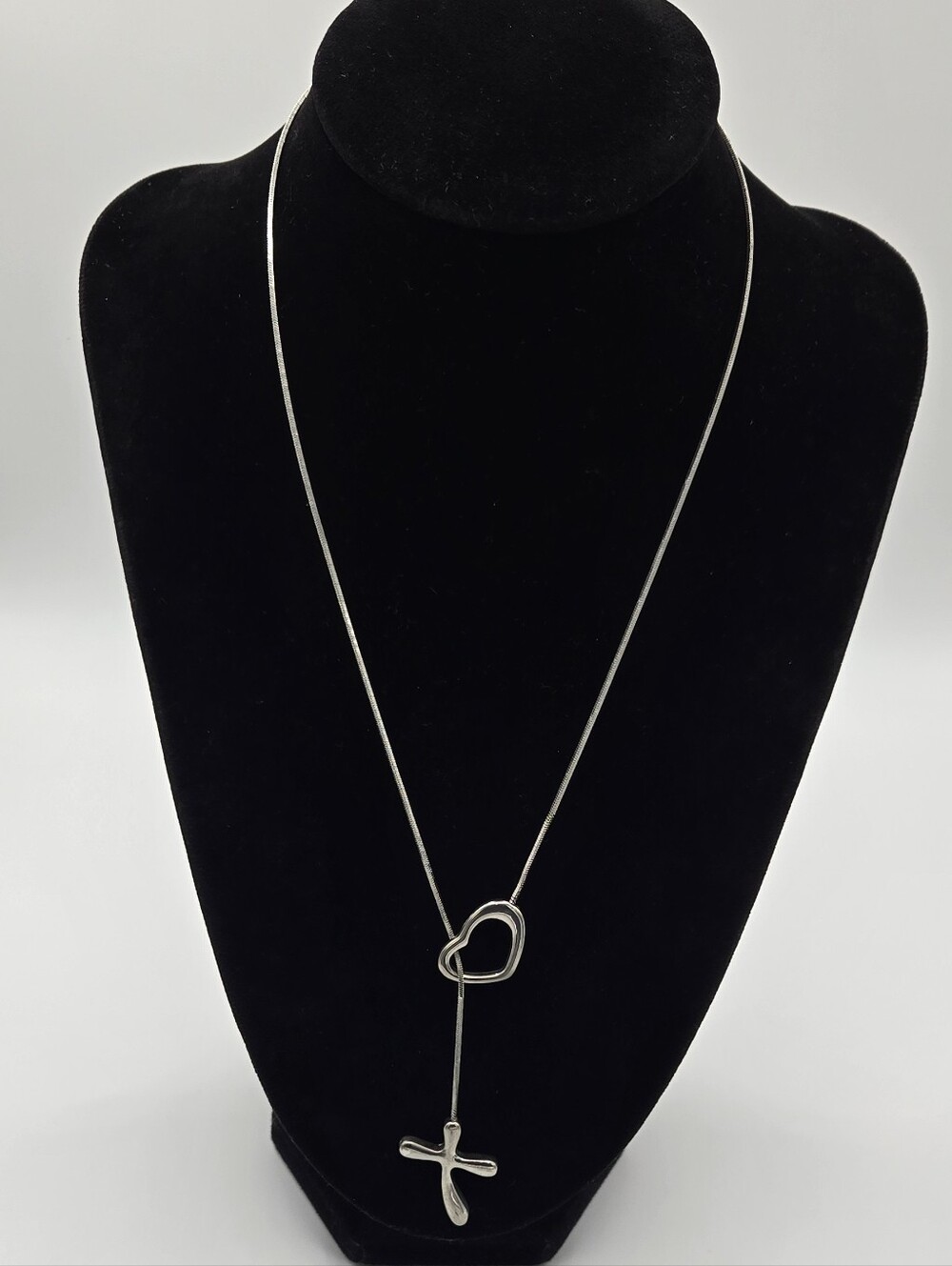 Silver Heart Lariat Necklace with Cross Pendant